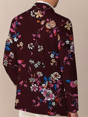 Men's Floral Print Blazer - Stylish Navy Blue Jacket with Vibrant Red, White & Blue Flowers, Two Button Design, Perfect for Casual or Formal Occasions, Versatile Menswear | Street Style Suit | Woven Construction - SHOWLU FASHION STORE