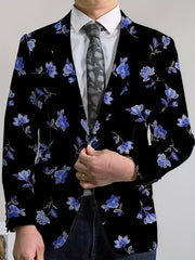 Men's Floral Print Blazer - Stylish Navy Blue Jacket with Vibrant Red, White & Blue Flowers, Two Button Design, Perfect for Casual or Formal Occasions, Versatile Menswear | Street Style Suit | Woven Construction - SHOWLU FASHION STORE