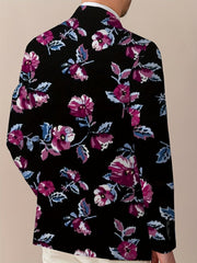 Men's Floral Print Blazer - Stylish Navy Blue Jacket with Vibrant Red, White & Blue Flowers, Two Button Design, Perfect for Casual or Formal Occasions, Versatile Menswear | Street Style Suit | Woven Construction - SHOWLU FASHION STORE
