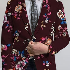 Men's Floral Print Blazer - Stylish Navy Blue Jacket with Vibrant Red, White & Blue Flowers, Two Button Design, Perfect for Casual or Formal Occasions, Versatile Menswear | Street Style Suit | Woven Construction - SHOWLU FASHION STORE