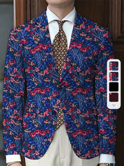Men's Floral Print Blazer - Stylish Navy Blue Jacket with Vibrant Red, White & Blue Flowers, Two Button Design, Perfect for Casual or Formal Occasions, Versatile Menswear | Street Style Suit | Woven Construction - SHOWLU FASHION STORE