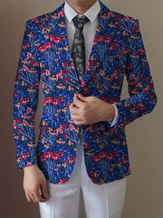 Men's Floral Print Blazer - Stylish Navy Blue Jacket with Vibrant Red, White & Blue Flowers, Two Button Design, Perfect for Casual or Formal Occasions, Versatile Menswear | Street Style Suit | Woven Construction - SHOWLU FASHION STORE