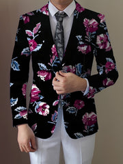 Men's Floral Print Blazer - Stylish Navy Blue Jacket with Vibrant Red, White & Blue Flowers, Two Button Design, Perfect for Casual or Formal Occasions, Versatile Menswear | Street Style Suit | Woven Construction - SHOWLU FASHION STORE