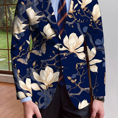 A men's single-breasted blazer in navy blue featuring an all-over cream floral and butterfly print.