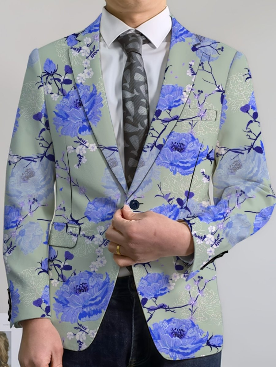 Men'S Floral Print Suit Jacket, Polyester Blend, Casual Lapel Style, Regular Fit, with Slight Stretch, Button Detail, for All - Season Woven Blazer - SHOWLU FASHION STORE