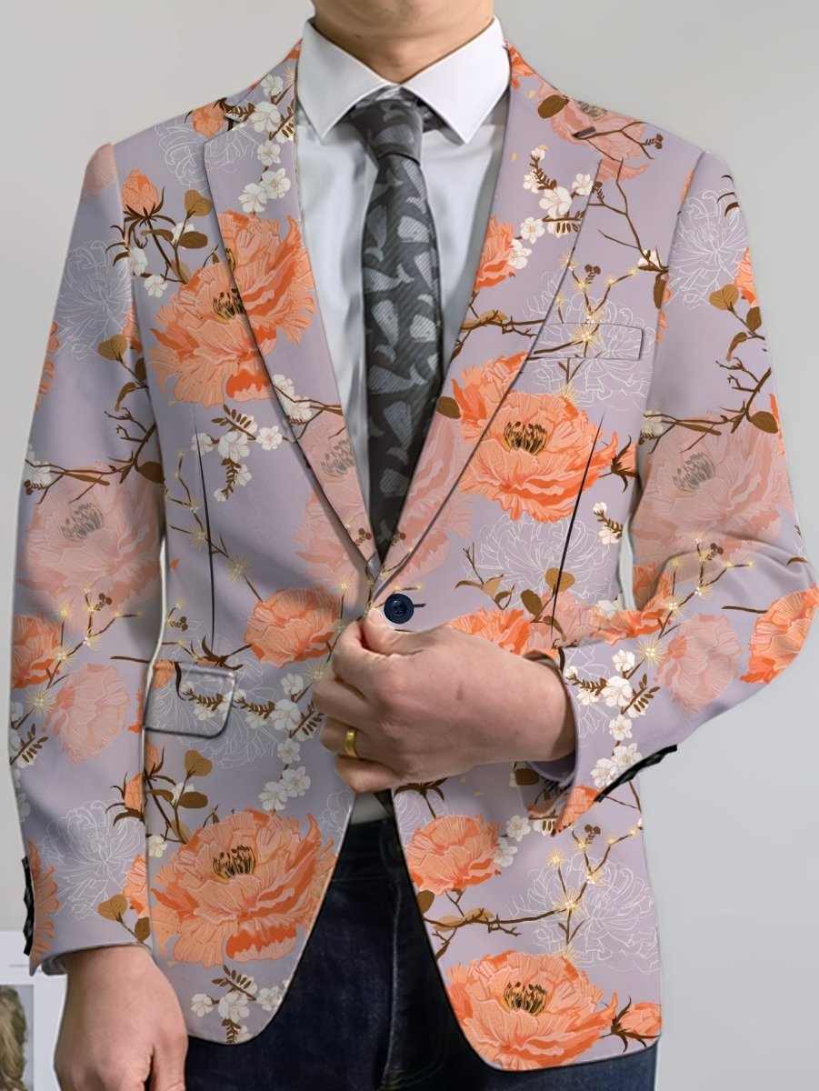 Men'S Floral Print Suit Jacket, Polyester Blend, Casual Lapel Style, Regular Fit, with Slight Stretch, Button Detail, for All - Season Woven Blazer - SHOWLU FASHION STORE