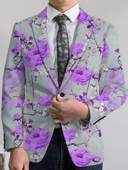 Men'S Floral Print Suit Jacket, Polyester Blend, Casual Lapel Style, Regular Fit, with Slight Stretch, Button Detail, for All - Season Woven Blazer - SHOWLU FASHION STORE