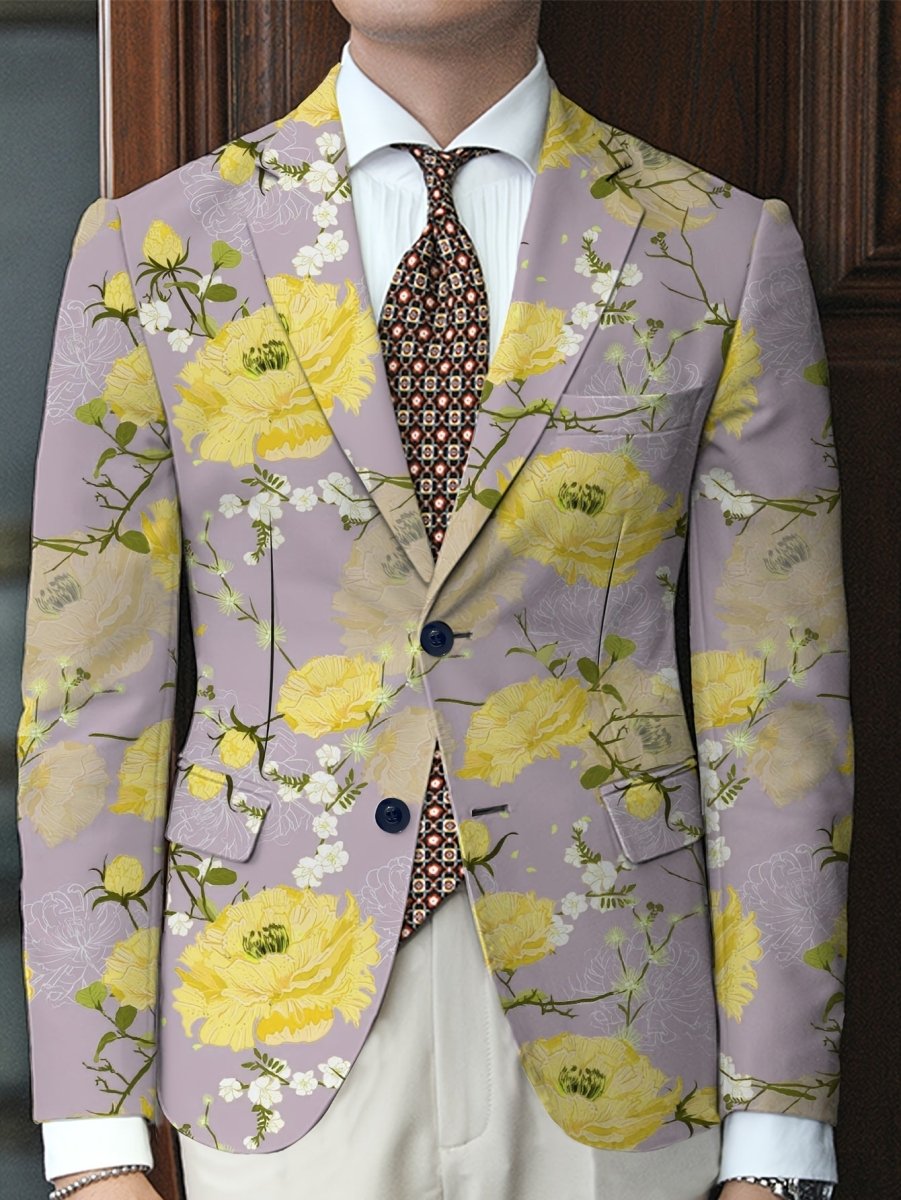 Men'S Floral Print Suit Jacket, Polyester Blend, Casual Lapel Style, Regular Fit, with Slight Stretch, Button Detail, for All - Season Woven Blazer - SHOWLU FASHION STORE