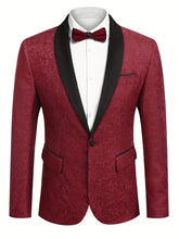A slim-fit burgundy floral paisley tuxedo jacket with a black shawl lapel and a matching bow tie.
