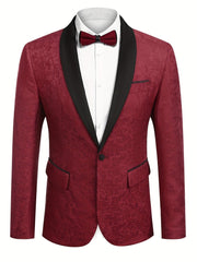 A slim-fit burgundy floral paisley tuxedo jacket with a black shawl lapel and a matching bow tie.