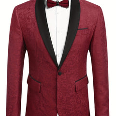 A slim-fit burgundy paisley tuxedo jacket featuring a black shawl lapel and a single button closure.
