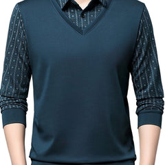 Men's Geometric Graphic Print Golf Shirt, Casual Fake Two - piece Long Sleeve Shirt For Winter Fall Outdoor - SHOWLU FASHION STORE