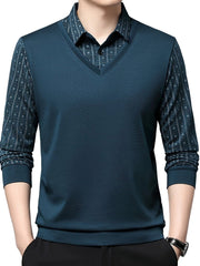 Men's Geometric Graphic Print Golf Shirt, Casual Fake Two - piece Long Sleeve Shirt For Winter Fall Outdoor - SHOWLU FASHION STORE