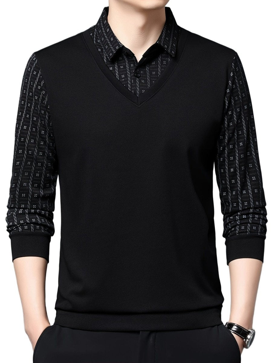 Men's Geometric Graphic Print Golf Shirt, Casual Fake Two - piece Long Sleeve Shirt For Winter Fall Outdoor - SHOWLU FASHION STORE