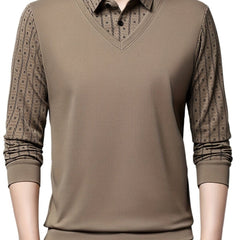 Men's Geometric Graphic Print Golf Shirt, Casual Fake Two - piece Long Sleeve Shirt For Winter Fall Outdoor - SHOWLU FASHION STORE