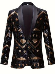 Men's black and gold sequined geometric pattern party suit jacket with shawl collar.