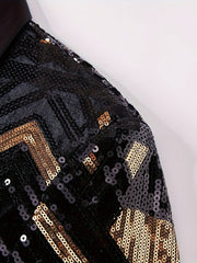 A close-up of a black shawl collar suit jacket featuring a geometric pattern of gold sequins.