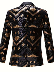 A black and gold geometric sequin suit jacket with a shawl collar and long sleeves.