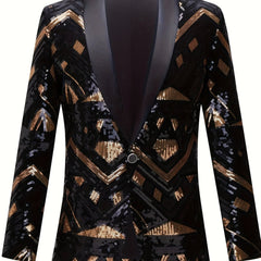 A black and gold geometric-patterned sequin suit jacket with a shawl collar and single button.