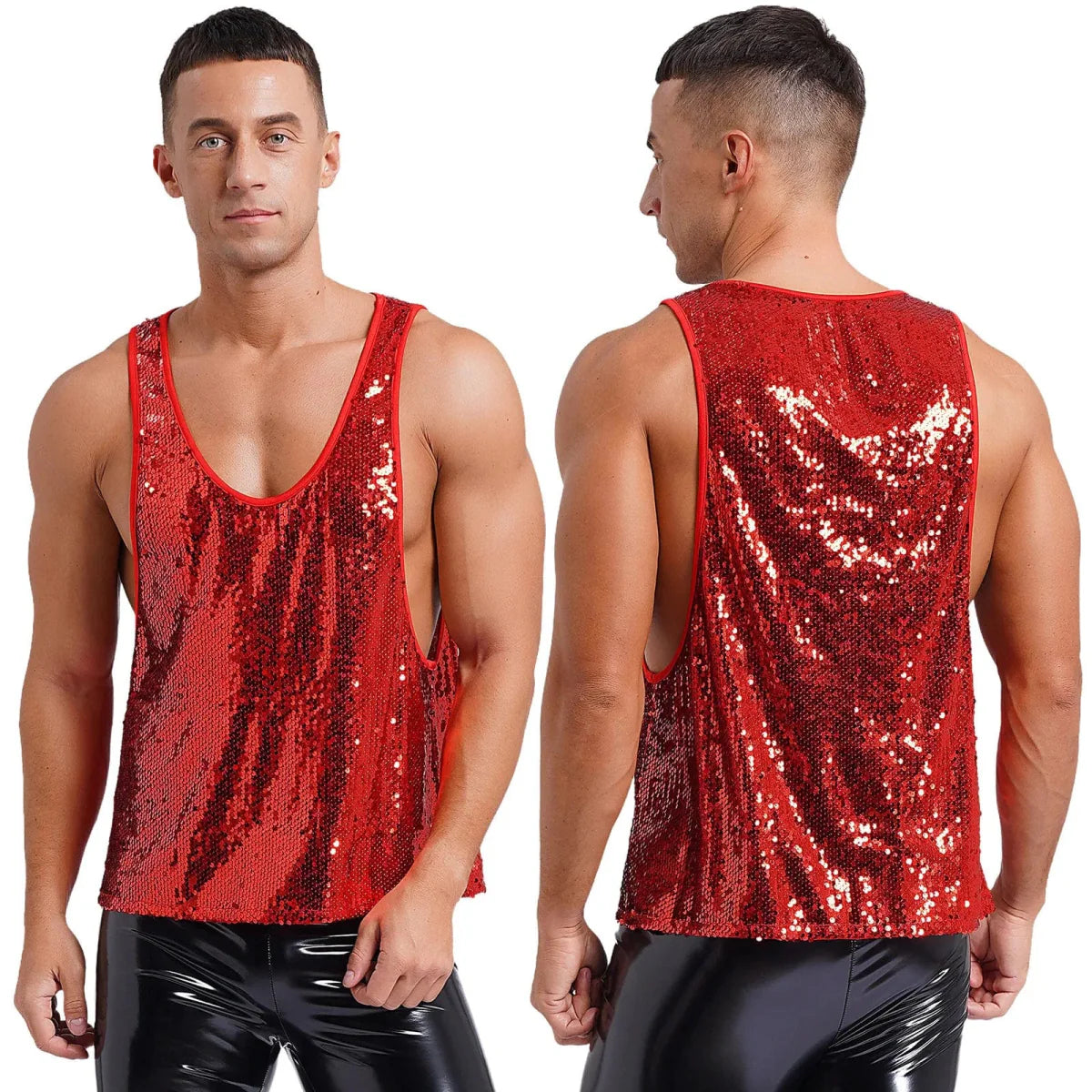 Mens Glitter Sequin Dance Vest Tank Tops Low Crew Neck Smooth Lining Waistcoat Top for Club Music Festival Disco Party Dancing - SHOWLU FASHION STORE