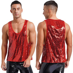 Mens Glitter Sequin Dance Vest Tank Tops Low Crew Neck Smooth Lining Waistcoat Top for Club Music Festival Disco Party Dancing - SHOWLU FASHION STORE