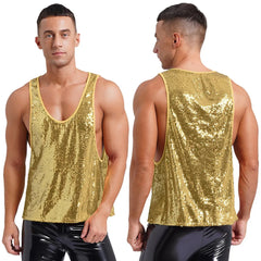 Mens Glitter Sequin Dance Vest Tank Tops Low Crew Neck Smooth Lining Waistcoat Top for Club Music Festival Disco Party Dancing - SHOWLU FASHION STORE