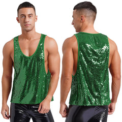 Mens Glitter Sequin Dance Vest Tank Tops Low Crew Neck Smooth Lining Waistcoat Top for Club Music Festival Disco Party Dancing - SHOWLU FASHION STORE