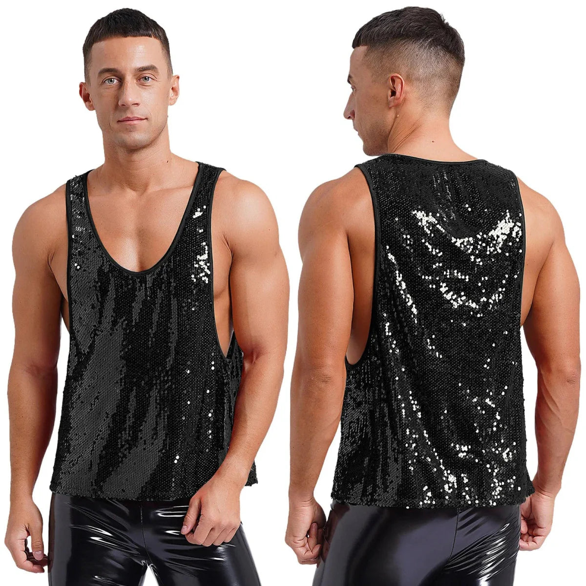 Mens Glitter Sequin Dance Vest Tank Tops Low Crew Neck Smooth Lining Waistcoat Top for Club Music Festival Disco Party Dancing - SHOWLU FASHION STORE