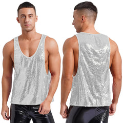 Mens Glitter Sequin Dance Vest Tank Tops Low Crew Neck Smooth Lining Waistcoat Top for Club Music Festival Disco Party Dancing - SHOWLU FASHION STORE