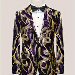 A men's purple and gold paisley patterned blazer with a black bow tie and white dress shirt.