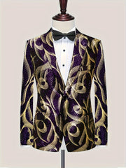 A men's purple and gold paisley patterned blazer with a black lapel and long sleeves.