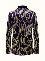 A men's purple and gold paisley blazer with a black lapel and long sleeves.
