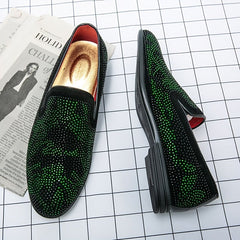 Men's slip-on loafers featuring a black upper covered in green rhinestones and a rubber sole.