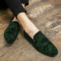 Men's slip-on loafers featuring a green rhinestone-embellished upper and a pointed toe.