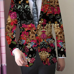 A men's gothic blazer featuring a black background with a vibrant skull and floral print.