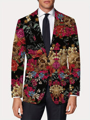 A men's regular fit blazer featuring a gothic skull and floral print on black polyester fabric.
