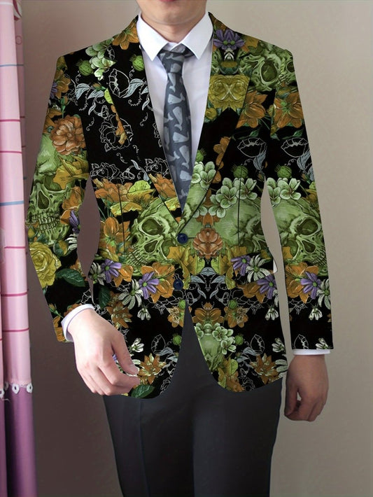 Men's Gothic Skull Print Blazer, Polyester Stretch Fabric, Regular Fit, Long Sleeve, No Belt, Button Detail, Suit Jacket for Mature Men, All - Season Wear - SHOWLU FASHION STORE