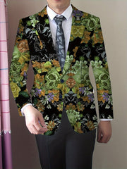 A men's long-sleeve blazer featuring a gothic skull and floral print on a black background.