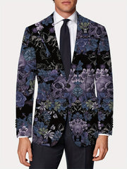 A men's regular fit blazer featuring a gothic skull and floral print in shades of blue and purple.