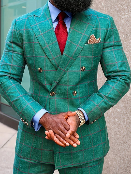 Men's Green Striped Blazer with Double - Breasted Design & Matching Pants - Lightweight Polyester, Machine Washable, Perfect for Spring & Fall Business Attire - SHOWLU FASHION STORE