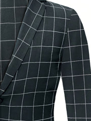 A men's lightweight black blazer featuring a white grid plaid pattern and a classic lapel.