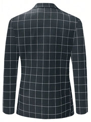 A men's long-sleeve casual blazer in a dark fabric with a white grid plaid pattern.