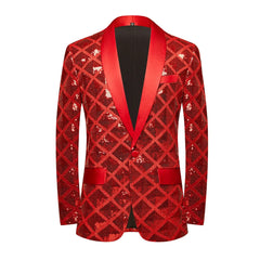 A red sequined men's blazer featuring a shawl lapel and a single-button closure.