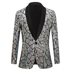 A men's single-button blazer with a black shawl lapel and a silver mosaic-patterned sequin finish.