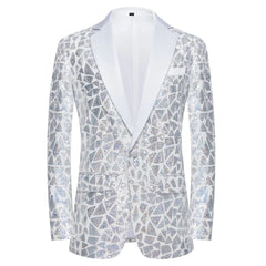 A men's white blazer featuring a reflective, geometric laser sequin pattern and a shawl lapel.