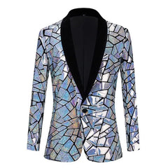 A men's single-button blazer featuring a reflective, mosaic-patterned sequin finish and black lapels.
