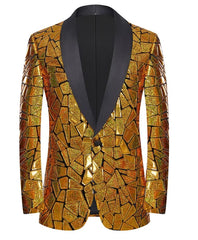 A gold men's blazer featuring a reflective mosaic pattern and a black shawl lapel.
