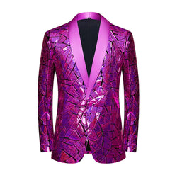A men's magenta blazer featuring a shiny, geometric laser-sequin pattern and a solid shawl lapel.