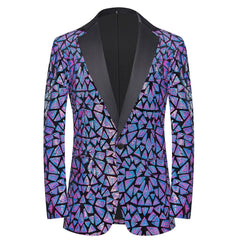 A men's single-button blazer featuring a black shawl lapel and a vibrant, geometric sequin pattern.