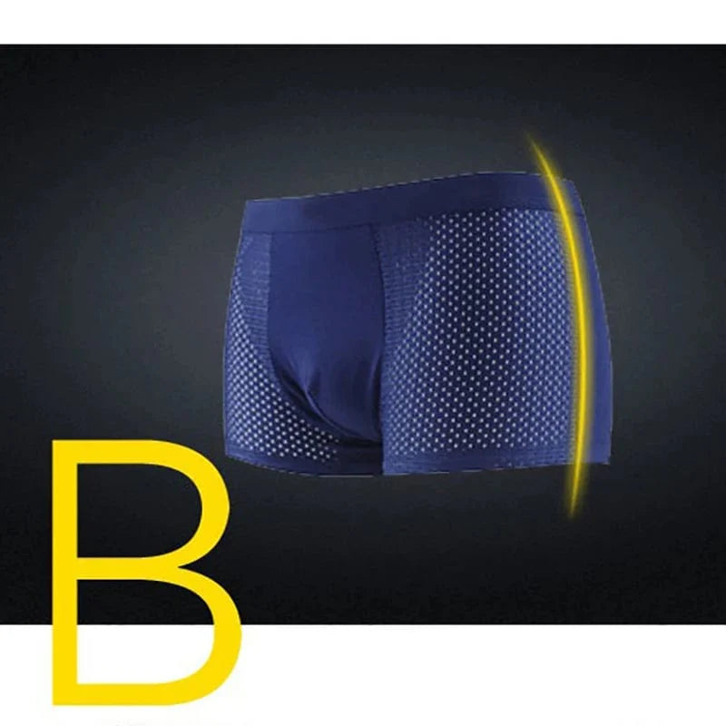 A pair of blue men's boxer shorts featuring a mesh fabric design on the sides.